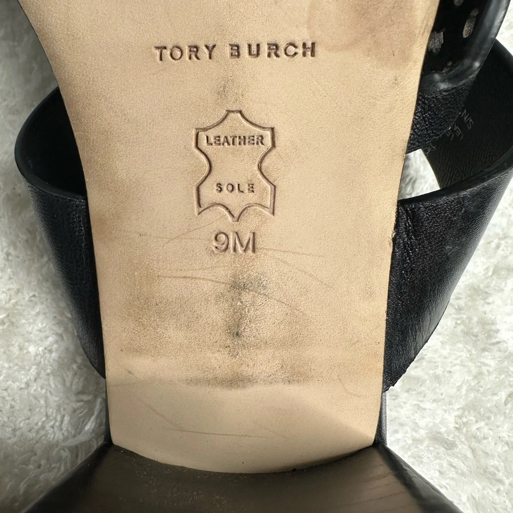 Tory Burch Tiny Miller Black Leather Toe Ring Block Heel Sandals Size 9M women’s - Picture 2 of 7